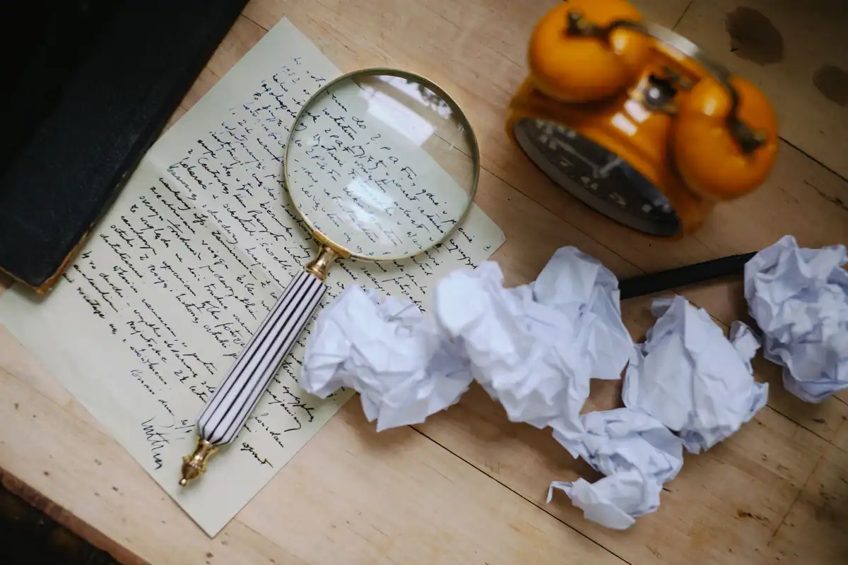 Lupă așezată peste un testament scris de mână, lângă hârtii mototolite și un ceas vechi